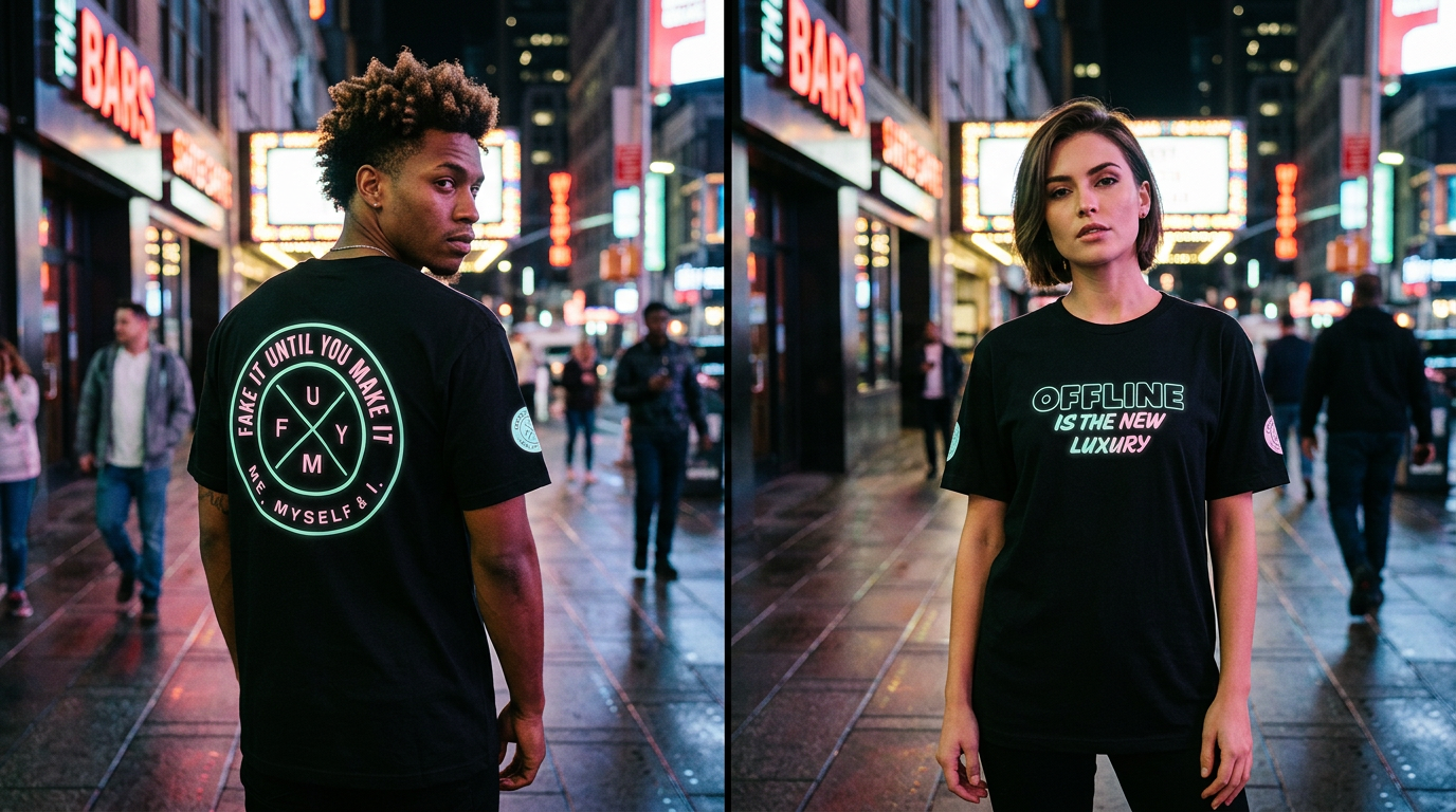 Models wearing Fake It Until You Make It tees in a neon-lit city at night