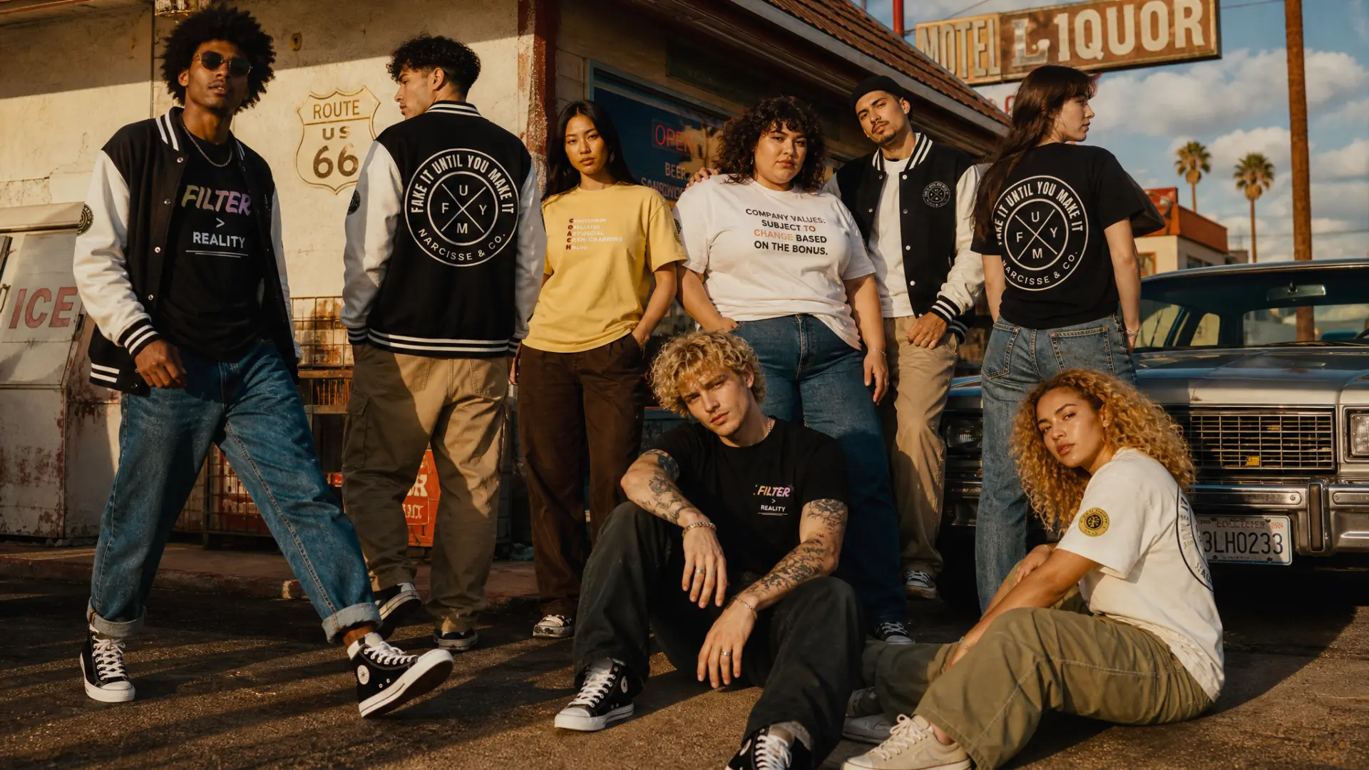 Diverse group of models wearing Fake It Until You Make It apparel outside a Route 66 motel
