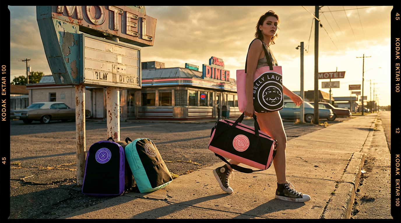 Fake It Until You Make It bags and accessories on a motel roadside