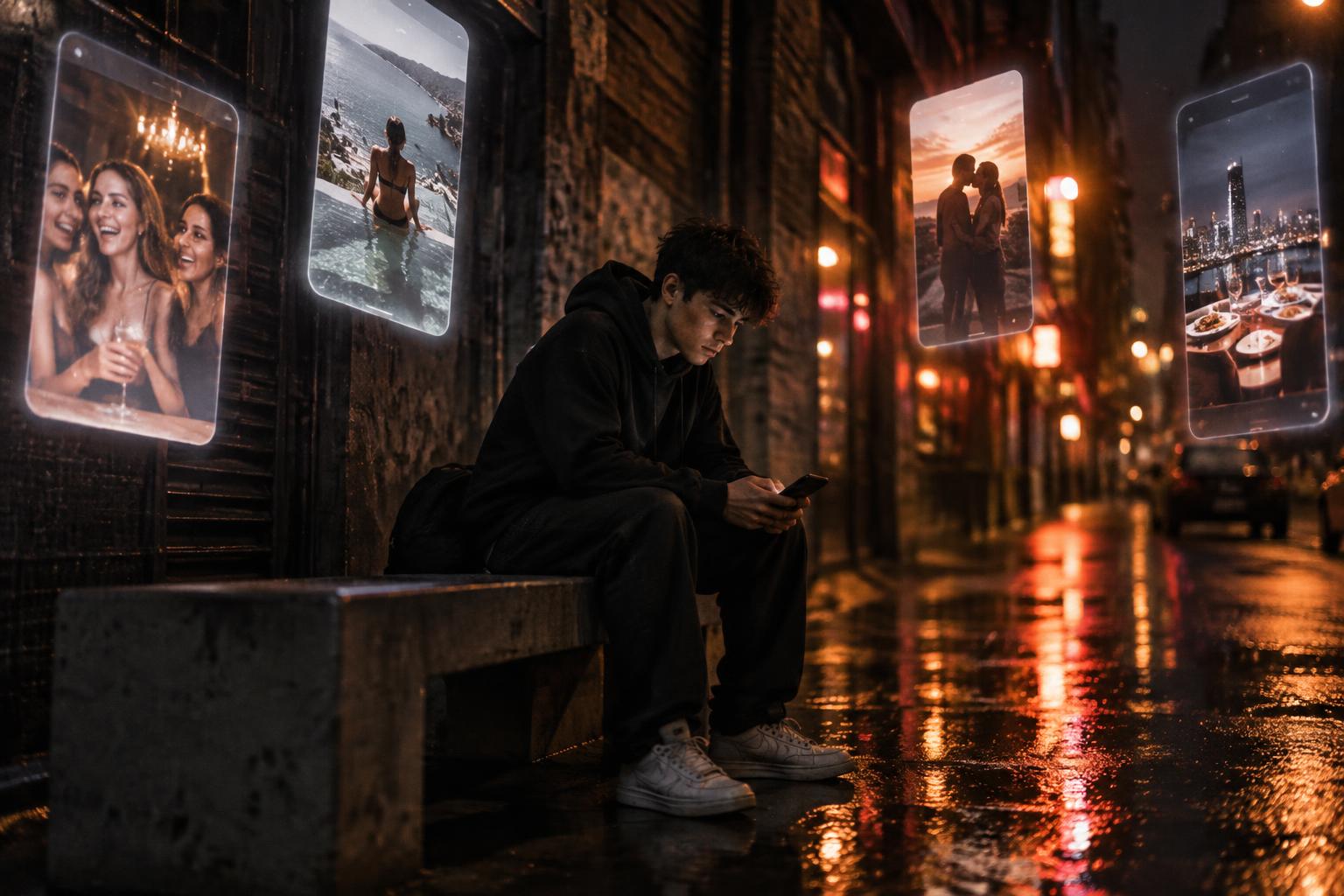 A young man sitting alone in an alley at night, surrounded by floating screens showing perfect social media lives