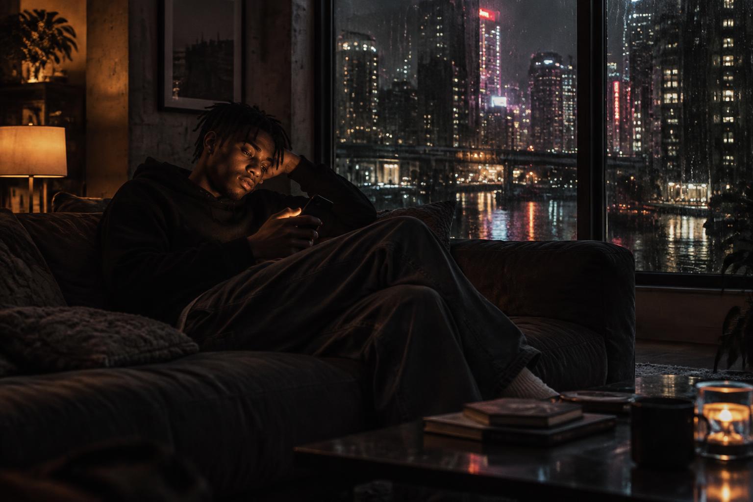 A smartphone on a coffee table casting smooth, unreal portraits across a dark room